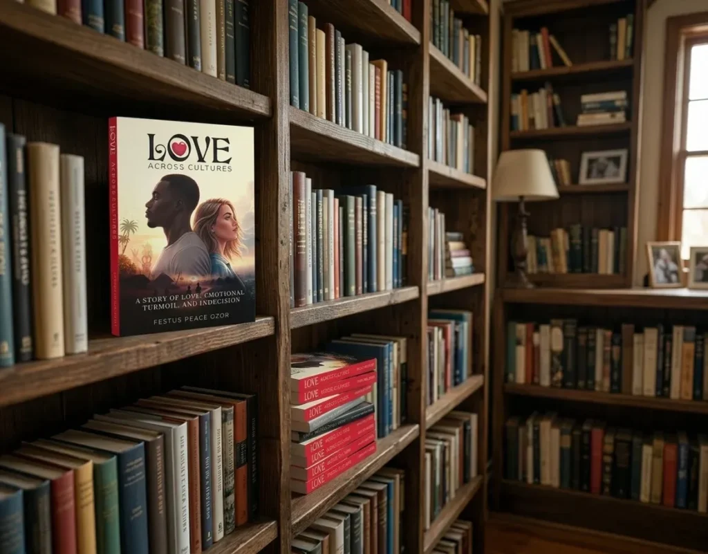 A cozy wooden library bookshelf filled with books, featuring Love Across Cultures displayed prominently with stacked copies lighting.