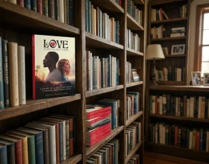 A cozy wooden library bookshelf filled with books, featuring Love Across Cultures displayed prominently with stacked copies lighting.